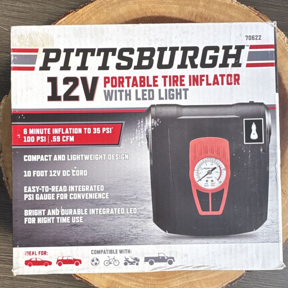 PITTSBURGH 12V Portable Tire Inflator with LED Light 70622 NEW !